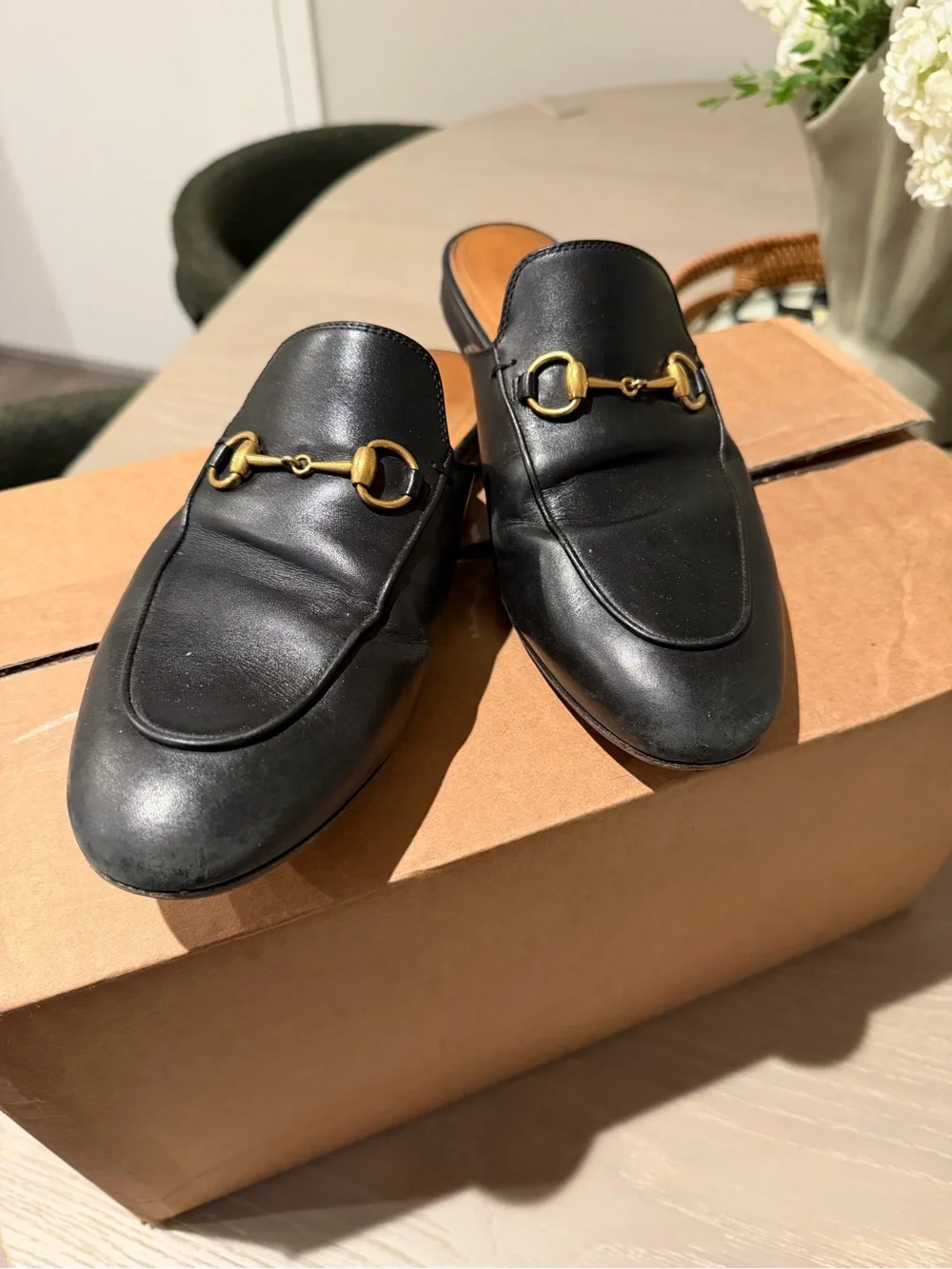 Gucci Black Leather Horsebit Backless Loafers